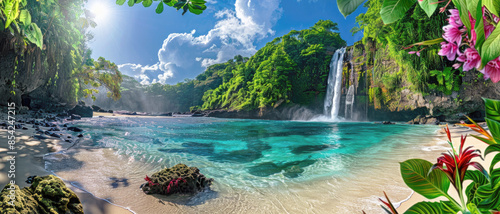 Paradise at wild tropical forest, scene with beautiful beach, green mountains and blue clean water in jungle. Theme of wilderness, landscape, travel, waterfall, nature © Natalya