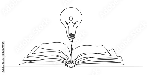 Open textbook with shining light bulb continuous one line icon drawing. Book with lamp idea symbol single line vector illustration in doodle style. Education contour linear sign design