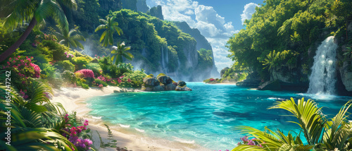 Paradise at wild tropical forest, scene with beautiful beach, green mountains and blue clean water in jungle. Theme of wallpaper, wilderness, landscape, travel, waterfall
