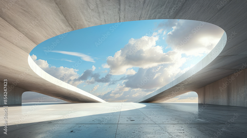 Modern concrete construction on sky background, abstract futuristic room in summer. Theme of future, building, garage, minimalist design, structure. Modern concrete construction on sky background, abstract futuristic room in summer. Theme of future, building, garage, minimalist design, structure.