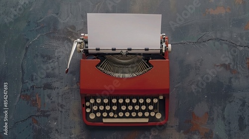 Top view of a vintage typewriter with blank white paper, typewriter, machine, retro, antique, office, equipment, classic, writing, keyboard, communication, letter, technology, vintage, typist photo