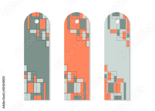 Bookmark design with abstract art deco pattern set. Set of vertical printable patterns with abstract rectangular shapes and lines. Bookmark for book and notepad. Vector illustration.