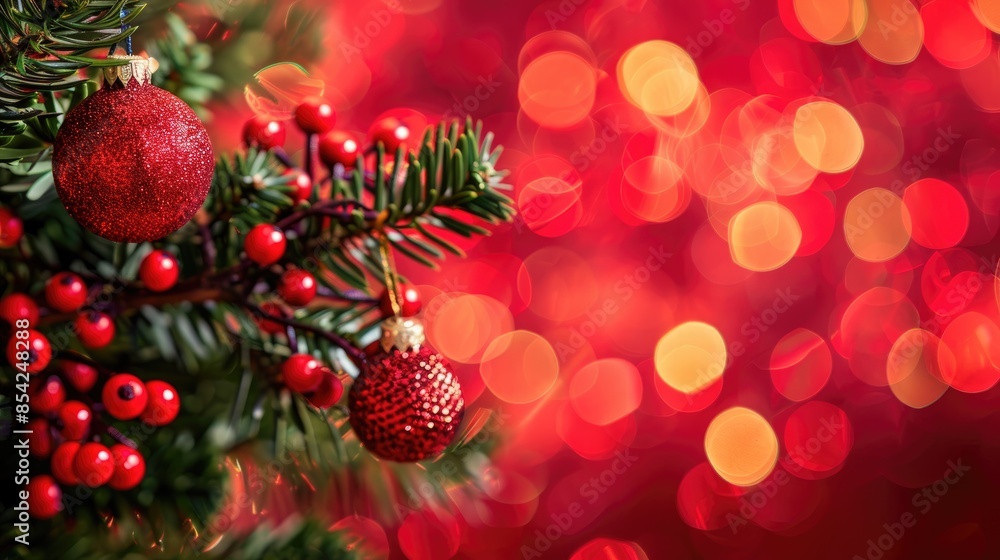 Christmas decorations on fir tree with red bokeh background Christmas decorations on fir tree with red bokeh background