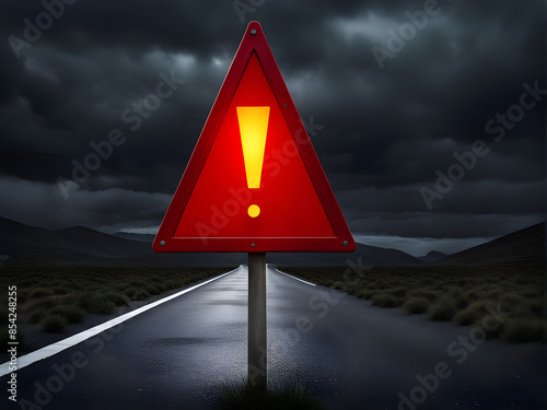 Realistic red caution warning sign for attention exclamation mark traffic sign by 3d render illustration. Generative AI	