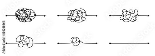 Messy arrow lines doodle. Complex and simple way, tangle scribble path, chaos mindset in sketch style. Hand drawn vector illustration isolated on white background