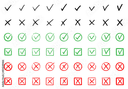 Check marks doodle set. Checkbox, checklist, tick and cross signs, v and x in sketch style. Hand drawn vector illustration isolated on white background