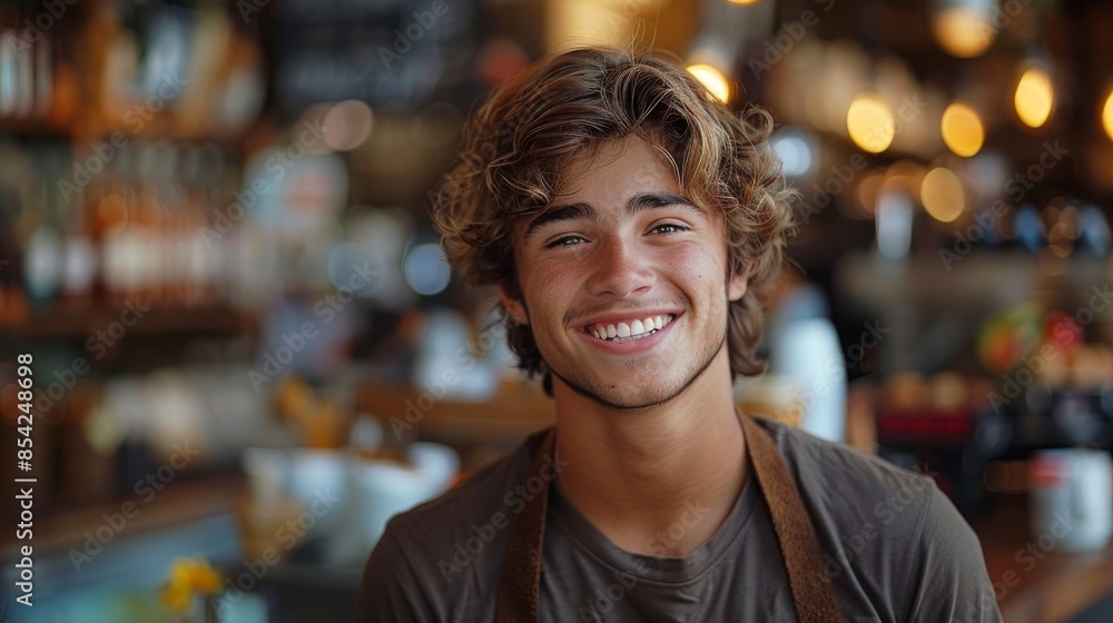 Portrait of a cheerful young man with curly hair wearing a brown apron in a cafe setting with soft lights Portrait of a cheerful young man with curly hair wearing a brown apron in a cafe setting with soft lights