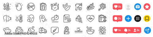 Thermometer, Vaccine message and Pets care line icons pack. Social media icons. Tanning time, Training results, Vaccination web icon. Vitamin e, Dumbbell, Cook pictogram. Vector