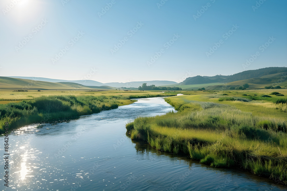 Serene Landscape with Clear Sky Indicating a Sunny Forecast and Promising Day Ahead Serene Landscape with Clear Sky Indicating a Sunny Forecast and Promising Day Ahead