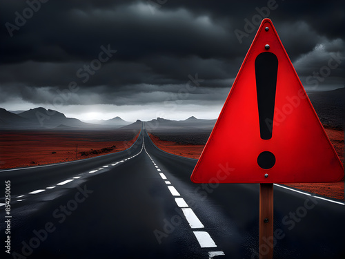 Realistic red caution warning sign for attention exclamation mark traffic sign by 3d render illustration. Generative AI