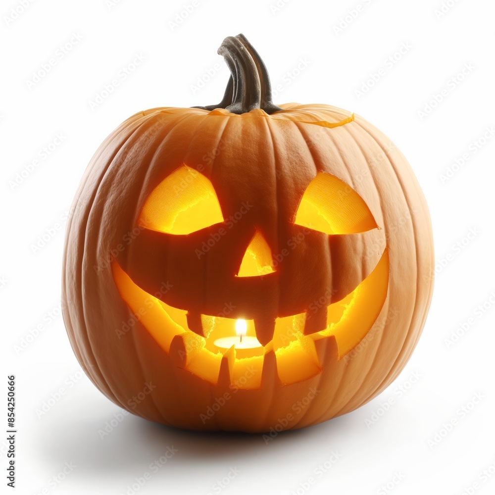 A carved pumpkin with a lit candle inside, featuring a happy jack-o’-lantern face with a wide grin, set against a white background, perfect for Halloween decoration. A carved pumpkin with a lit candle inside, featuring a happy jack-o’-lantern face with a wide grin, set against a white background, perfect for Halloween decoration.