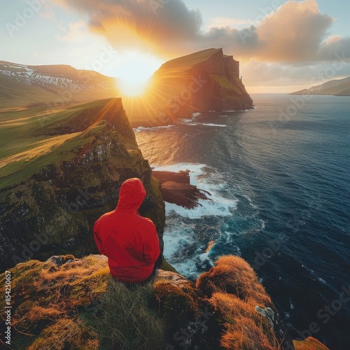 Tourist in red jacket admiring of sunset on Alaberg cliffs, Faroe Islands, Denmark, Europe. Aerial morning view of Mykines island with Vagar island on background. Great Atlantic seascape. photo