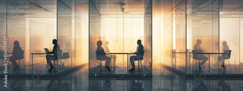 Corporate contemplation, as silhouetted figures sit in introspective repose within a sleek, minimalist cubicle defined by towering glass and muted tones. photo
