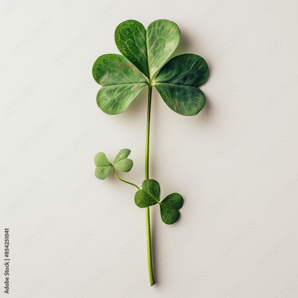 A four-leaf clover and two three-leaf clovers on a white background, symbolizing luck and natural beauty with their vibrant green leaves.