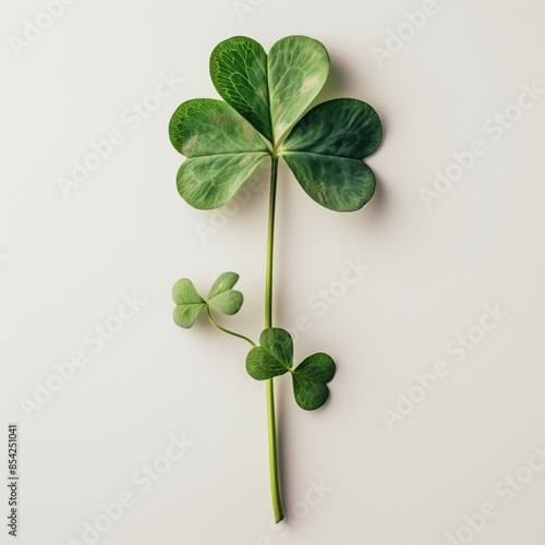 A four-leaf clover and two three-leaf clovers on a white background, symbolizing luck and natural beauty with their vibrant green leaves. photo