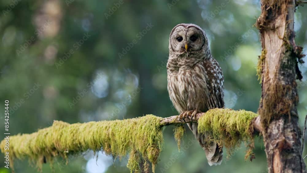 Barred owl (Strix Varia) lifting up its feathers in order to defecate in the Pacific Northwest. Barred owl (Strix Varia) lifting up its feathers in order to defecate in the Pacific Northwest.