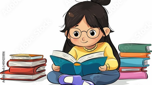 An appealing illustration depicting a child intent on reading, with a large open book and stacks of tomes beside her photo