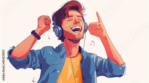 Graphic representation of a hip young person lost in music with stylish headphones on