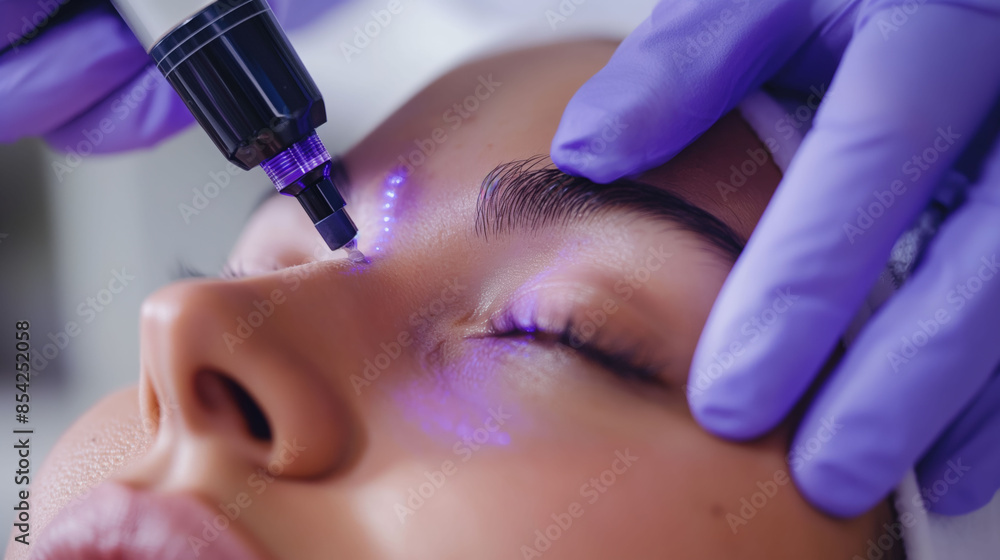 Naklejka premium Close-up of a woman’s face receiving a cosmetic laser treatment around her eyes, performed by a professional with purple gloves.