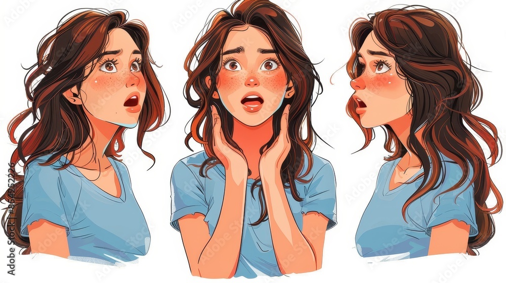 Digital art triptych portraying a girl's shocked reactions in varying degrees, encapsulating strong emotional storytelling