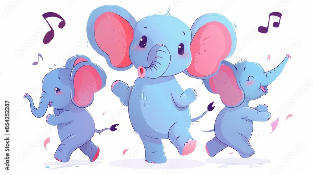 A cheerful illustration shows three animated dancing elephants with musical notes floating around them, in soft pastel tones A cheerful illustration shows three animated dancing elephants with musical notes floating around them, in soft pastel tones