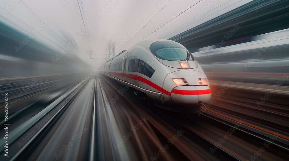 A high-speed train moving rapidly through a foggy landscape, with motion blur highlighting its speed and efficiency, set against a backdrop of blurred tracks and mist. A high-speed train moving rapidly through a foggy landscape, with motion blur highlighting its speed and efficiency, set against a backdrop of blurred tracks and mist.