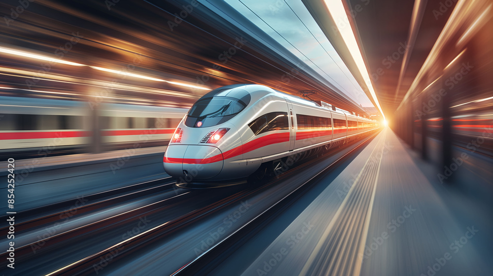 A high-speed train moving swiftly through a modern train station, with motion blur emphasizing its speed and efficiency, set against a backdrop of bright lights. A high-speed train moving swiftly through a modern train station, with motion blur emphasizing its speed and efficiency, set against a backdrop of bright lights.