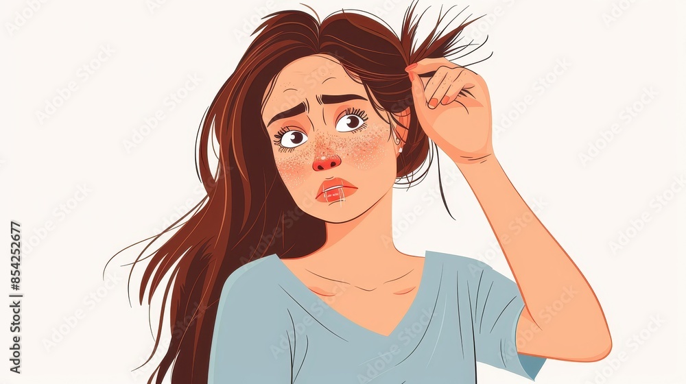 Cartoon-style illustration of a young woman with a confused and perplexed face expression Cartoon-style illustration of a young woman with a confused and perplexed face expression