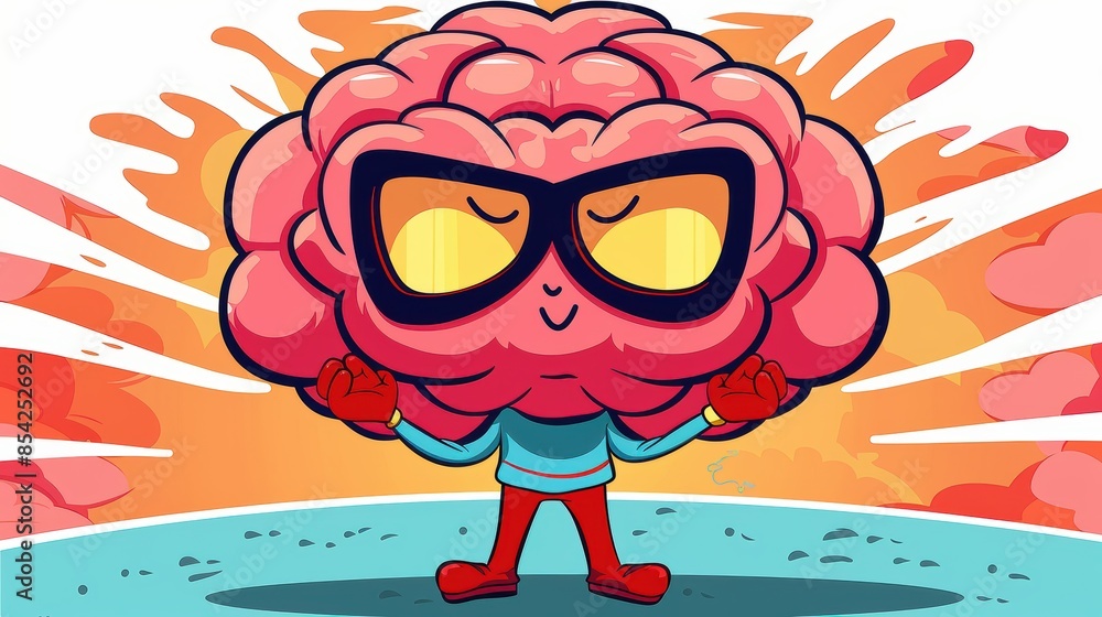 Vibrant, comic-style illustration of a superhero brain with sunglasses posing heroically Vibrant, comic-style illustration of a superhero brain with sunglasses posing heroically