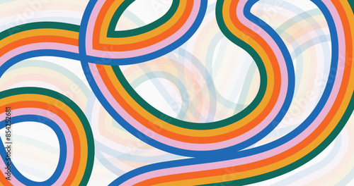 Rainbow Stripes on Beige Background, Abstract Hand Drawn Design, Groovy Banner Template