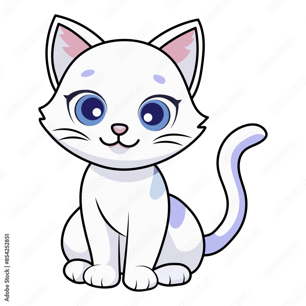 Cute white kitten in cartoon style. Vector illustration. Hero figurine for children's products Cute white kitten in cartoon style. Vector illustration. Hero figurine for children's products