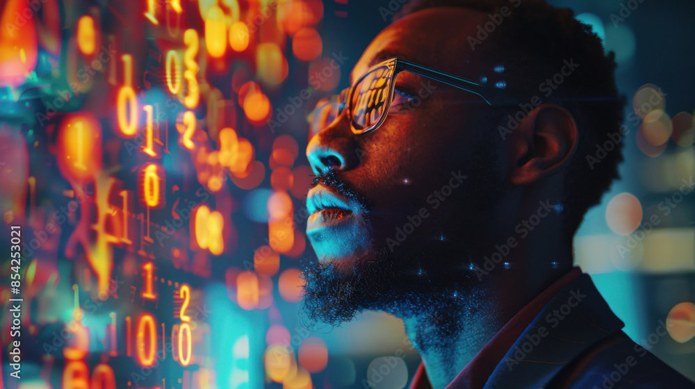 A man closely analyzing data displayed on a digital screen with numbers and lights in the background. A man closely analyzing data displayed on a digital screen with numbers and lights in the background.