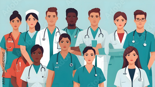 A detailed vector design of doctors and nurses in scrubs and lab coats standing together, vector 