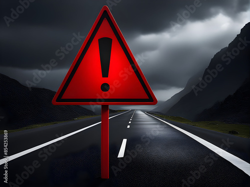 Realistic red caution warning sign for attention exclamation mark traffic sign by 3d render illustration. Generative AI