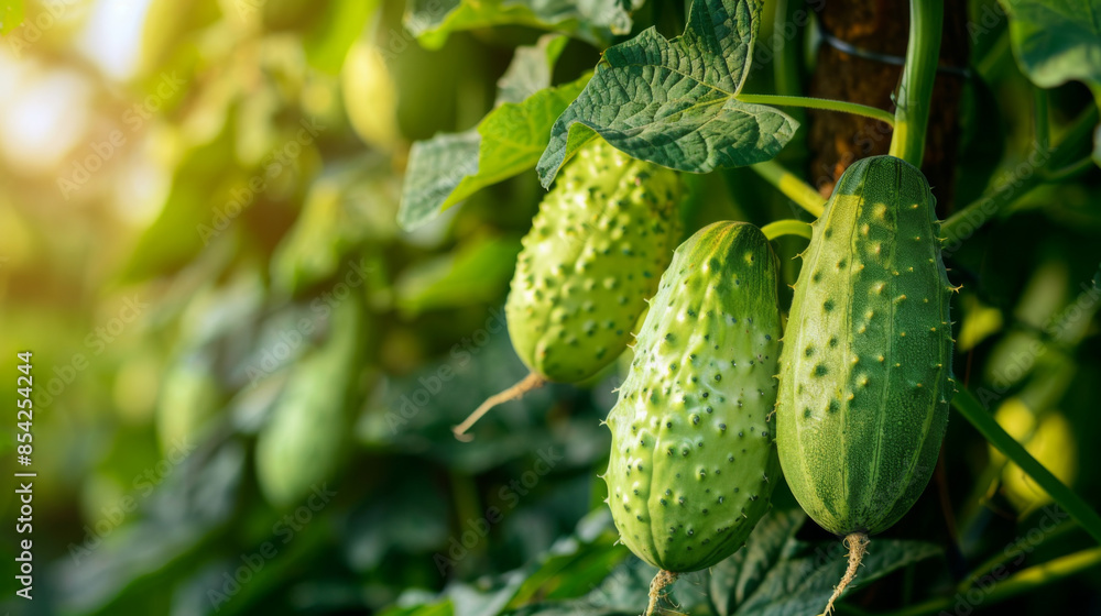 Close-up of fresh green cucumbers hanging on a vine with lush leaves in a sunny outdoor garden. Close-up of fresh green cucumbers hanging on a vine with lush leaves in a sunny outdoor garden.