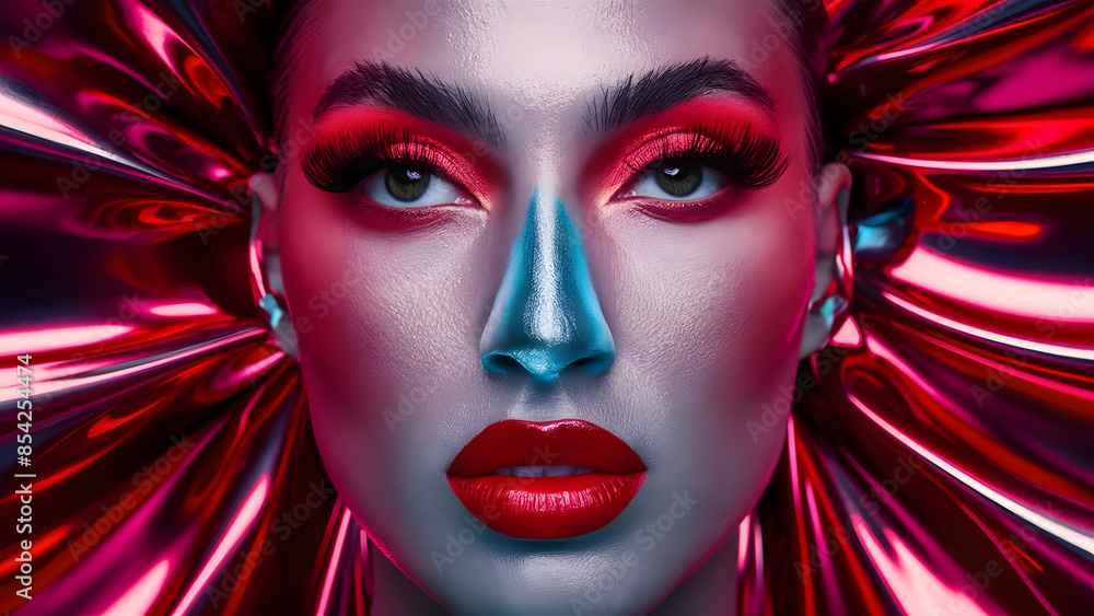A captivating close-up portrait of a model showcasing a stunning and avant-garde makeup look. Her eyes, with their long lashes, are framed by a bold A captivating close-up portrait of a model showcasing a stunning and avant-garde makeup look. Her eyes, with their long lashes, are framed by a bold