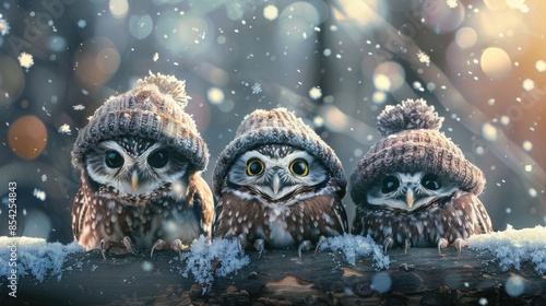 Owlets peek out from knitted caps their wide eyes curious about the snowflakes gently falling around their cozy perch photo