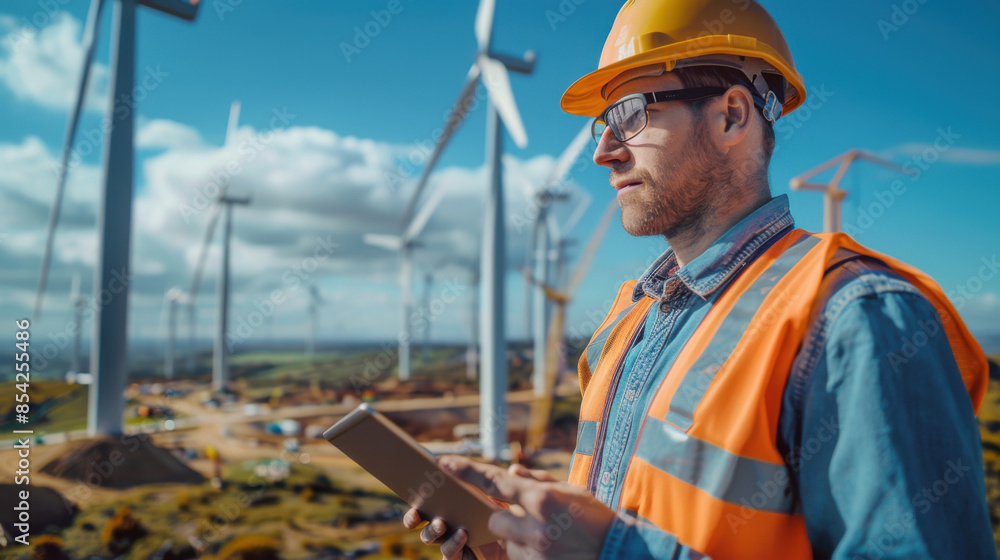 Engineer wearing safety gear inspects wind turbines using a tablet, emphasizing renewable energy and sustainable technology. Engineer wearing safety gear inspects wind turbines using a tablet, emphasizing renewable energy and sustainable technology.