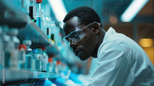 A focused scientist wearing safety goggles works in a laboratory, analyzing samples and conducting experiments with various lab equipment.