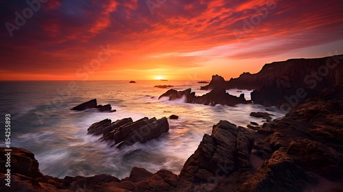 Beautiful panoramic seascape with rocks at sunset.