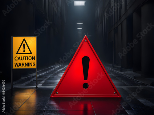 Realistic red caution warning sign for attention exclamation mark traffic sign by 3d render illustration. Generative AI