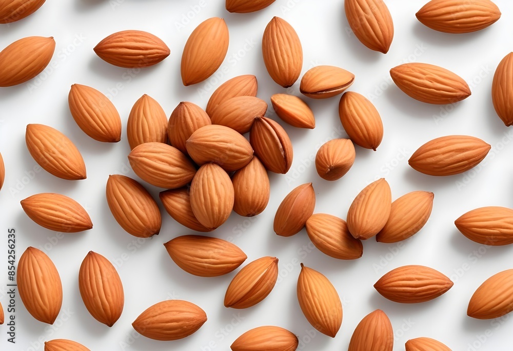A Group of Whole and Halved Almonds on a White Background - Nutty Display Showcasing Natural Texture and Freshness A Group of Whole and Halved Almonds on a White Background - Nutty Display Showcasing Natural Texture and Freshness