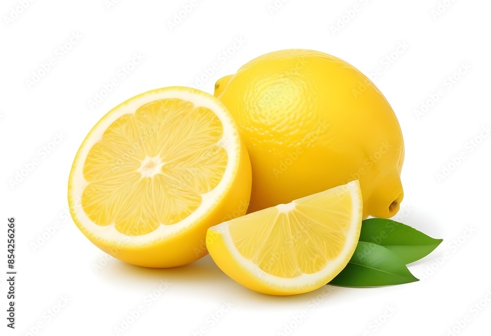 Whole and sliced lemons with green leaves, fresh and juicy citrus fruit Whole and sliced lemons with green leaves, fresh and juicy citrus fruit