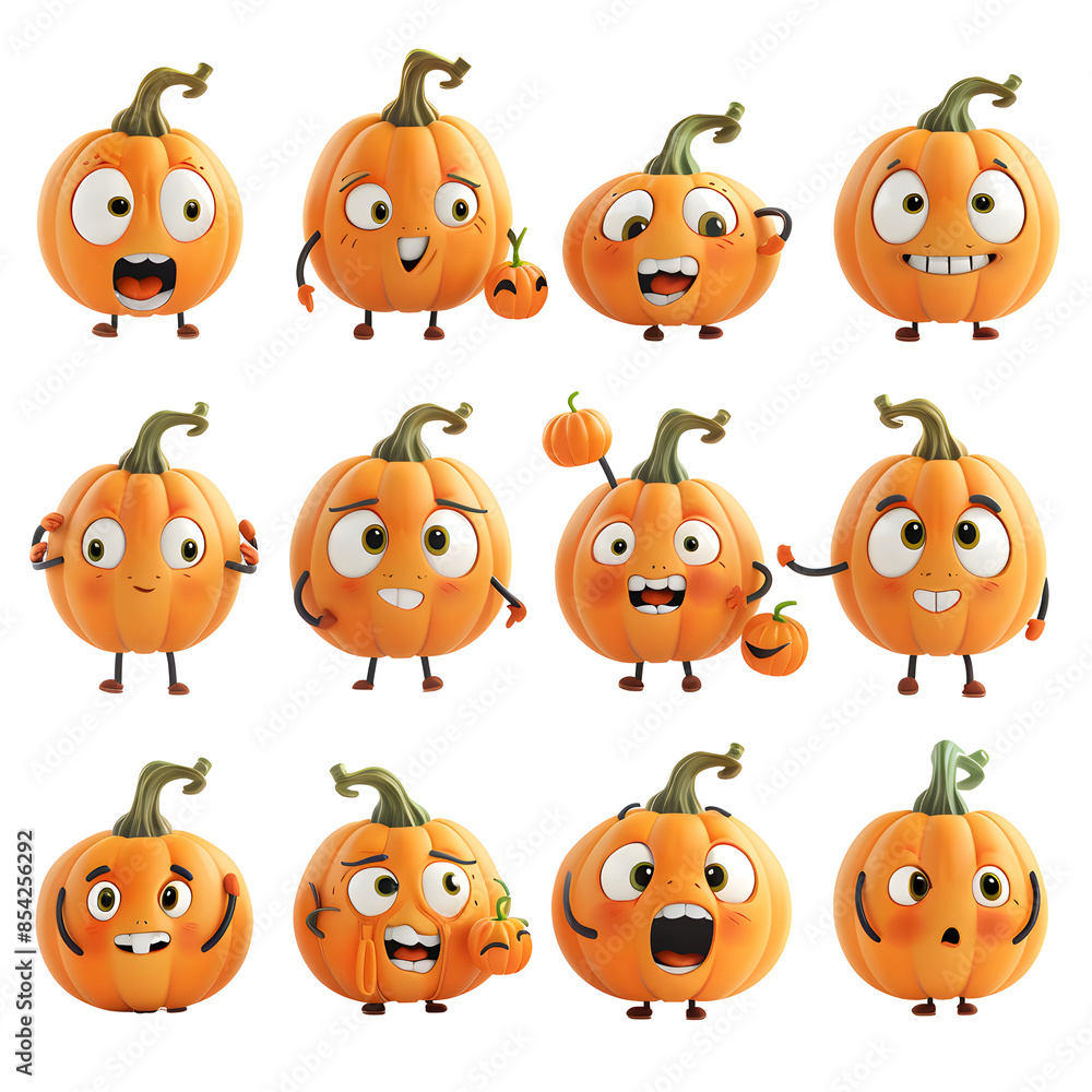 Fototapeta premium A set of cartoon pumpkins with different expressions