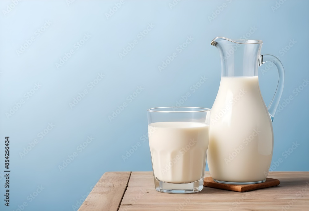 Glass of Milk and Glass Pitcher of Milk on a Wooden Table Against a Light Blue Background - Fresh and Wholesome Dairy Presentation Glass of Milk and Glass Pitcher of Milk on a Wooden Table Against a Light Blue Background - Fresh and Wholesome Dairy Presentation