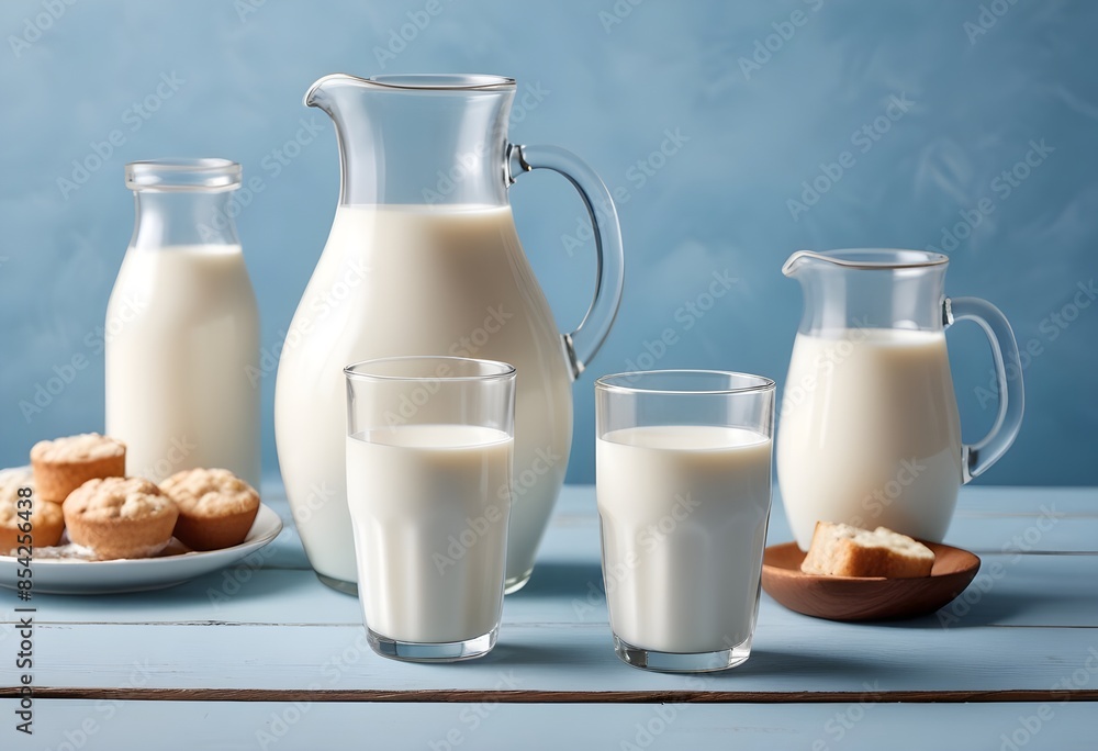 Glass of Milk and Glass Pitcher of Milk on a Wooden Table Against a Light Blue Background - Fresh and Wholesome Dairy Presentation Glass of Milk and Glass Pitcher of Milk on a Wooden Table Against a Light Blue Background - Fresh and Wholesome Dairy Presentation
