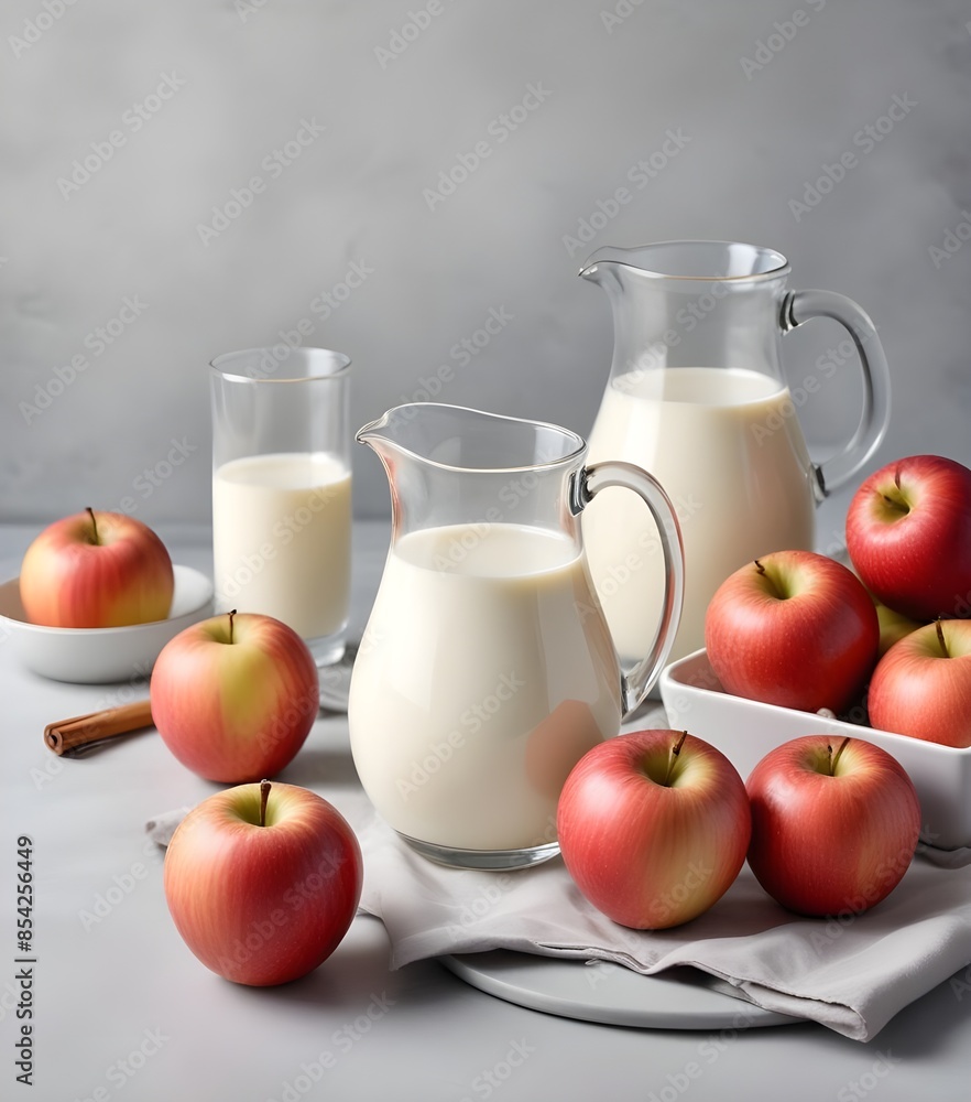 Glass Pitcher and Glasses Filled with Creamy Milk, Accompanied by Fresh Apples on a Light Gray Surface - Nutritious and Refreshing Ensemble Glass Pitcher and Glasses Filled with Creamy Milk, Accompanied by Fresh Apples on a Light Gray Surface - Nutritious and Refreshing Ensemble