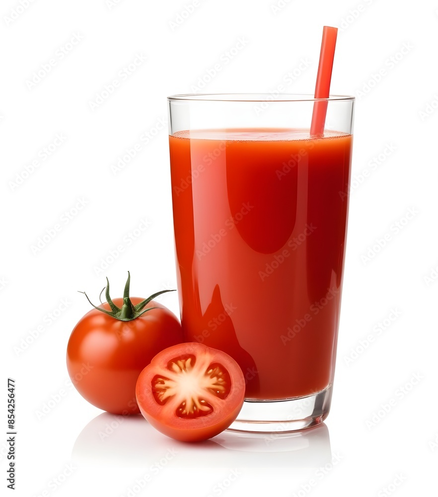 Glass of Fresh Tomato Juice with Whole Tomato and Tomato Slice in the Background - Nutritious and Refreshing Beverage Glass of Fresh Tomato Juice with Whole Tomato and Tomato Slice in the Background - Nutritious and Refreshing Beverage