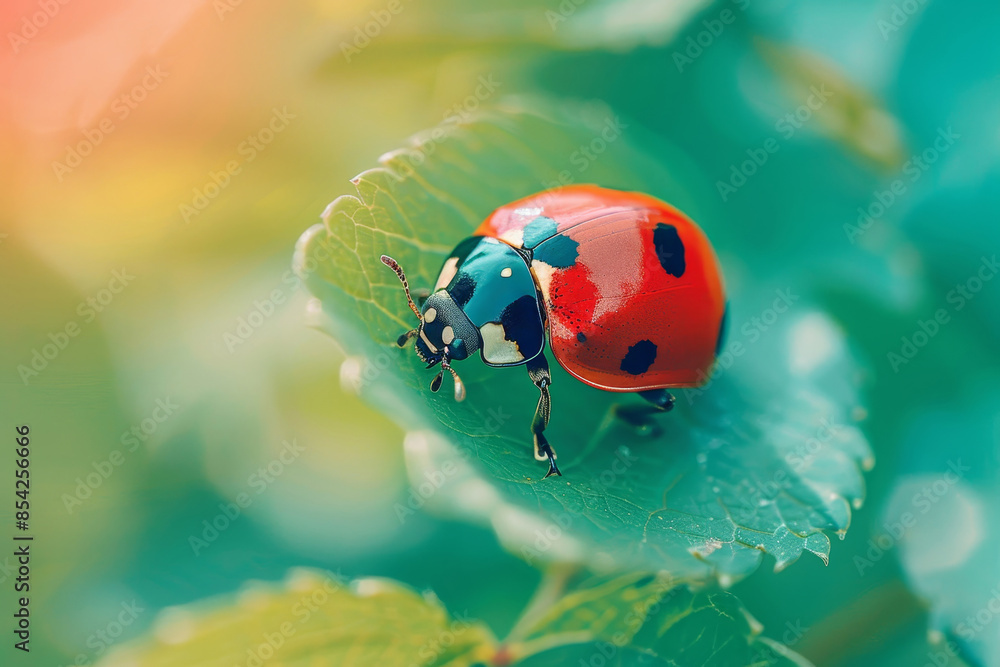 Macro photography of vibrant red ladybug with black spots on meadow background in midday sunlight Macro photography of vibrant red ladybug with black spots on meadow background in midday sunlight