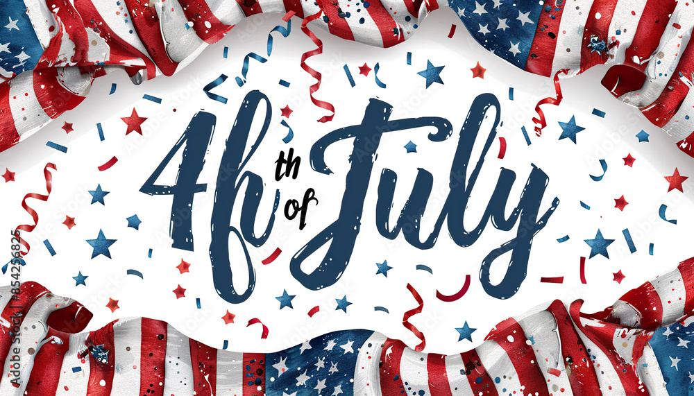 Fototapeta premium American Flag frame with confetti and ribbons, with the text 4th of July. Generated by AI.